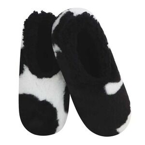 Snoozies Women Cow Print‎ Sherpa Lined Slippers Black White Anti-Skid 5/6 NWT